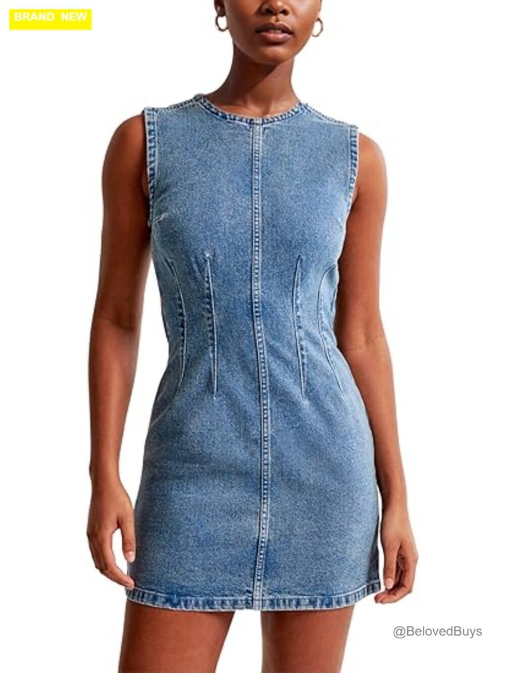 Sleeveless Bodycon Denim Mini Dress Crewneck Back Zipper Stretch Jean